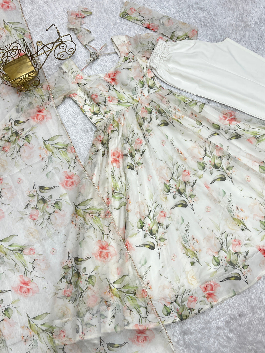 Lorenvalley White Soft Organza Silk With Floral Print Fully Flared Anarkali Pant With Dupatta Set | Grocsy