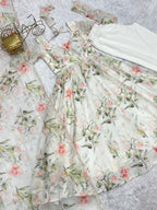 Lorenvalley White Soft Organza Silk With Floral Print Fully Flared Anarkali Pant With Dupatta Set | Grocsy