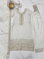 Lorenvalley Chinon Silk Embroidery Sequence zari work Kurta Pant with Dupatta Set - White | Grocsy