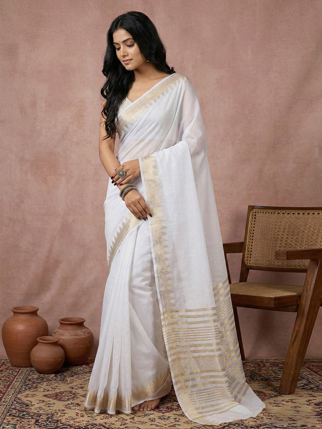 Anaita White Cotton Saree With Blouse | Grocsy