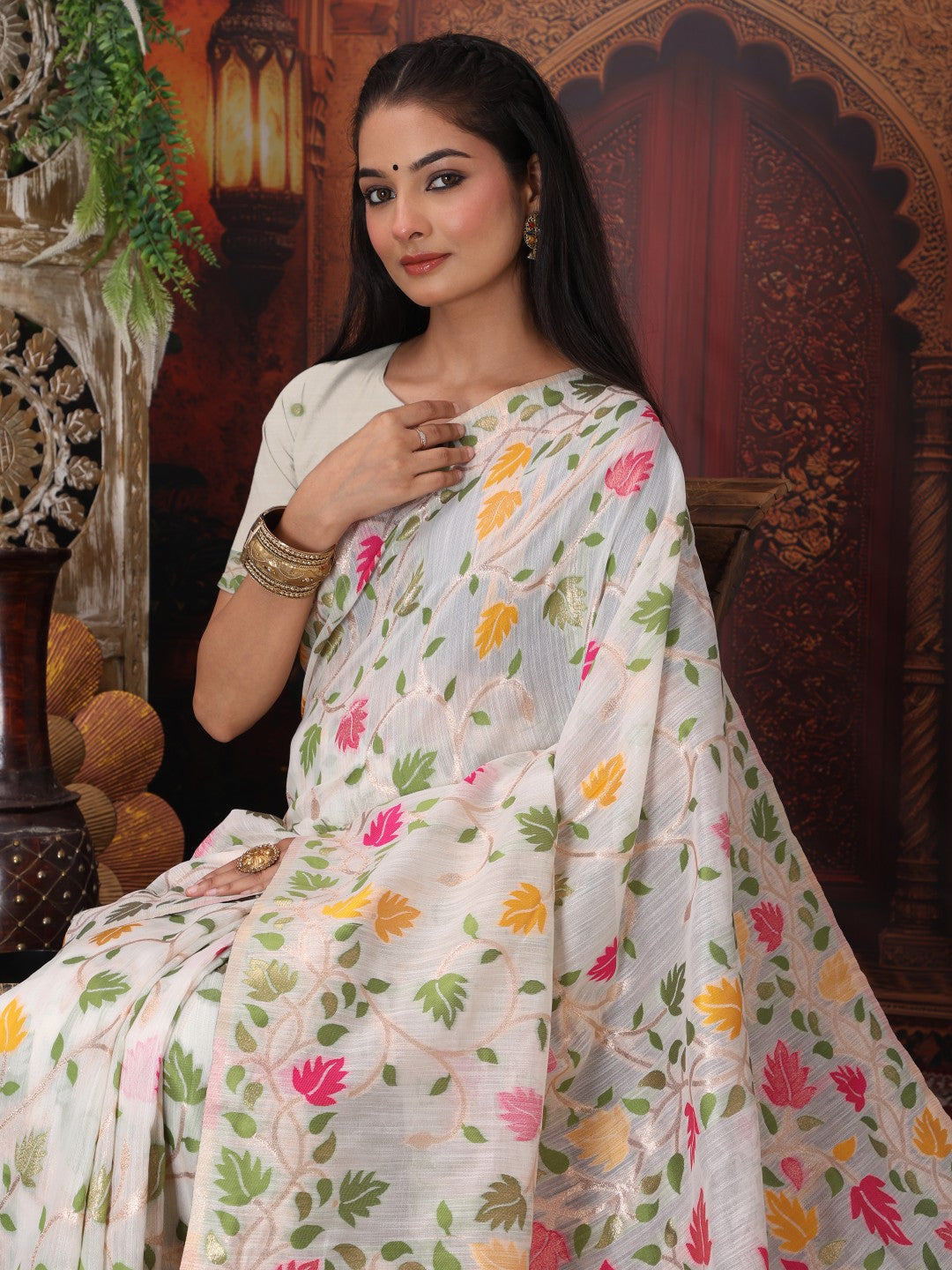 Anaita White Linen Printed Saree With Blouse | Grocsy