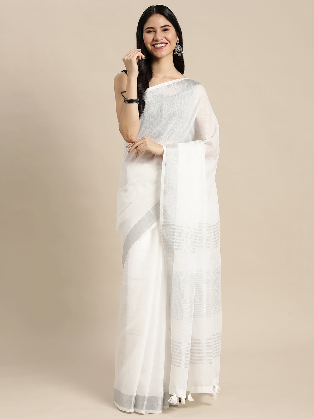 Anaita White Linen Saree With Blouse | Grocsy