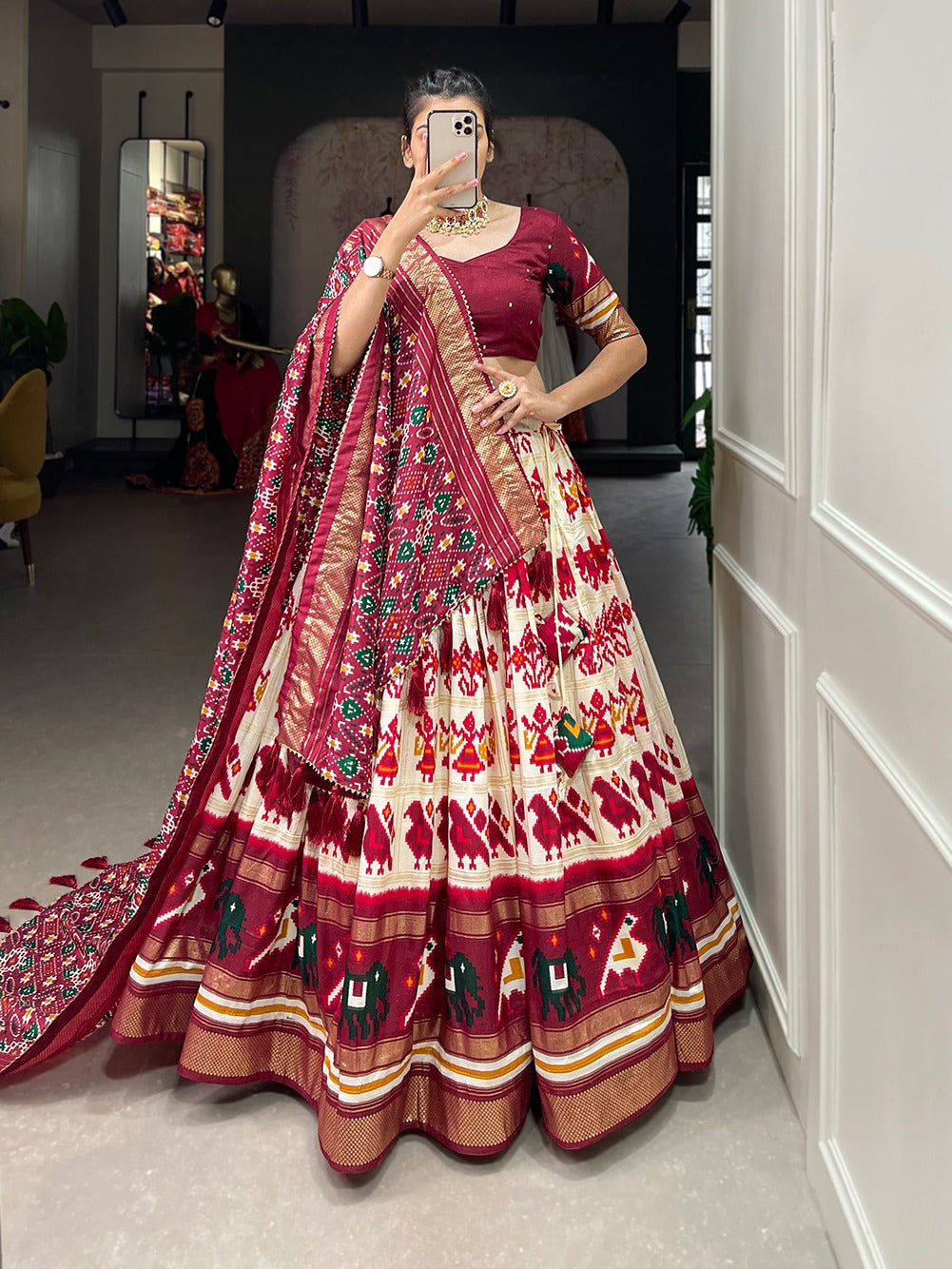 Lorenvalley White Tussar Silk Patola Print With Foil Work Lehenga Choli | Grocsy