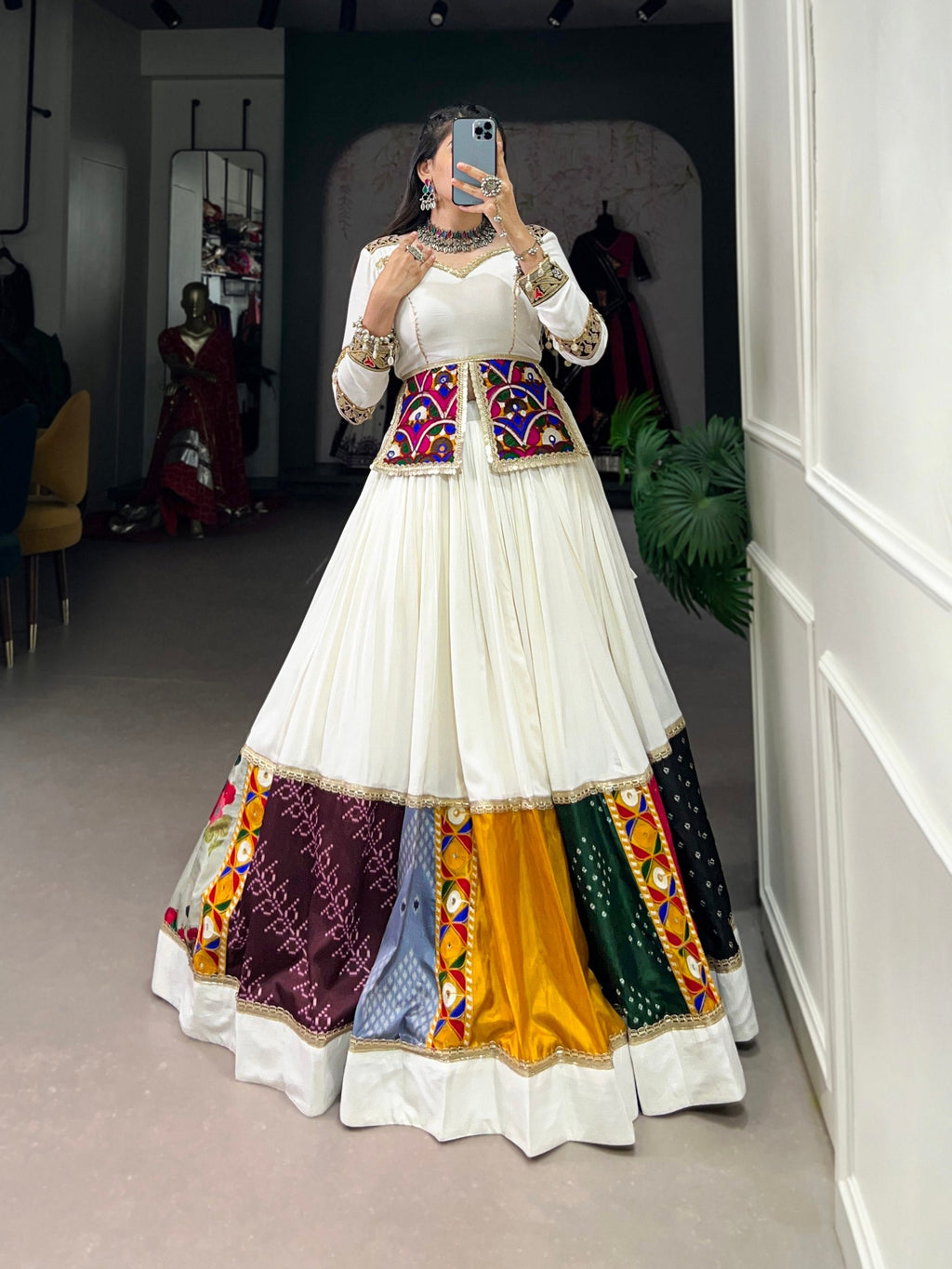 Lorenvalley White Rayon Plain With Embroidery And Gamthi Patch Work Lehenga Choli | Grocsy