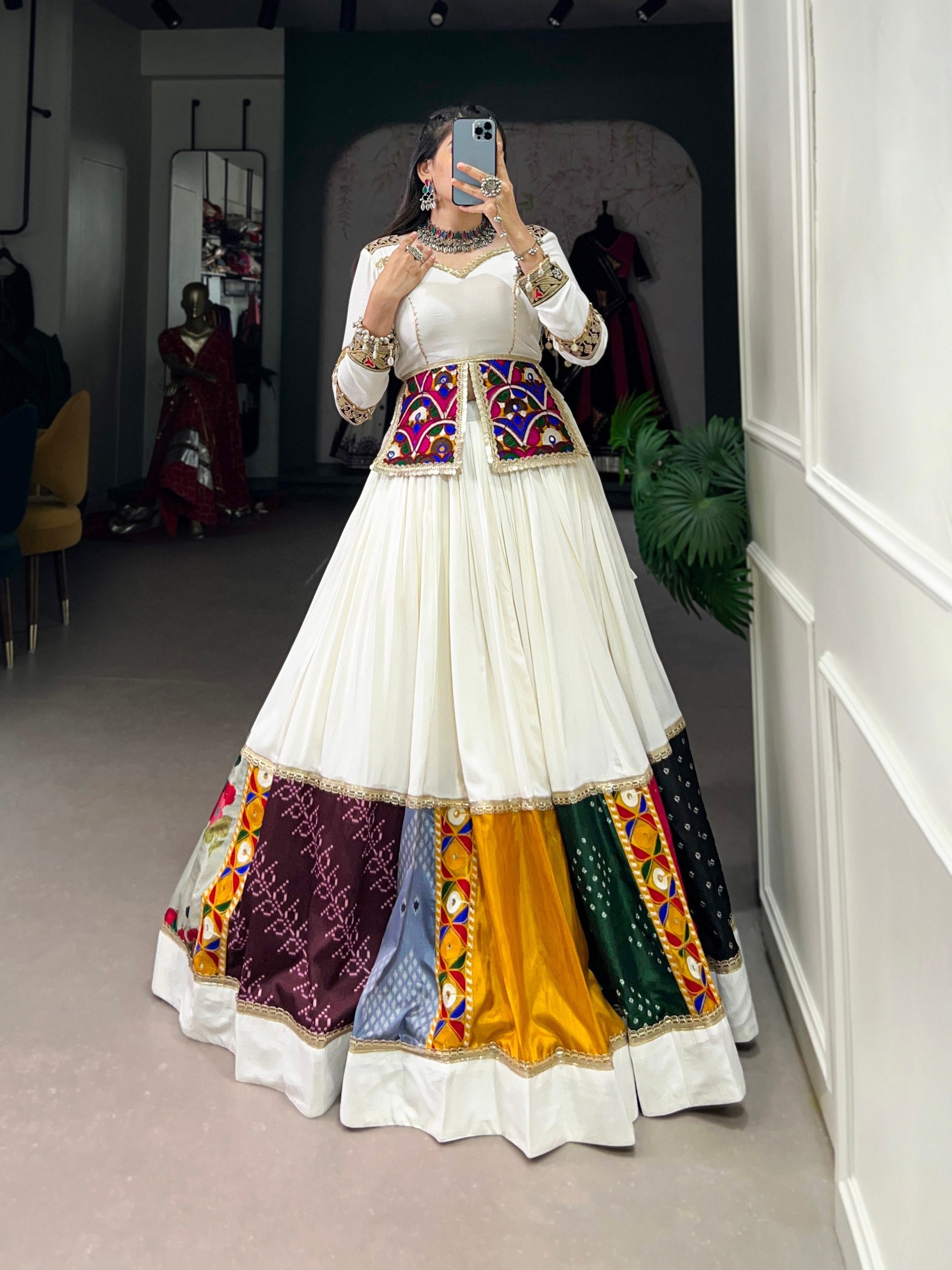 Lorenvalley White Rayon Plain With Embroidery And Gamthi Patch Work Lehenga Choli | Grocsy