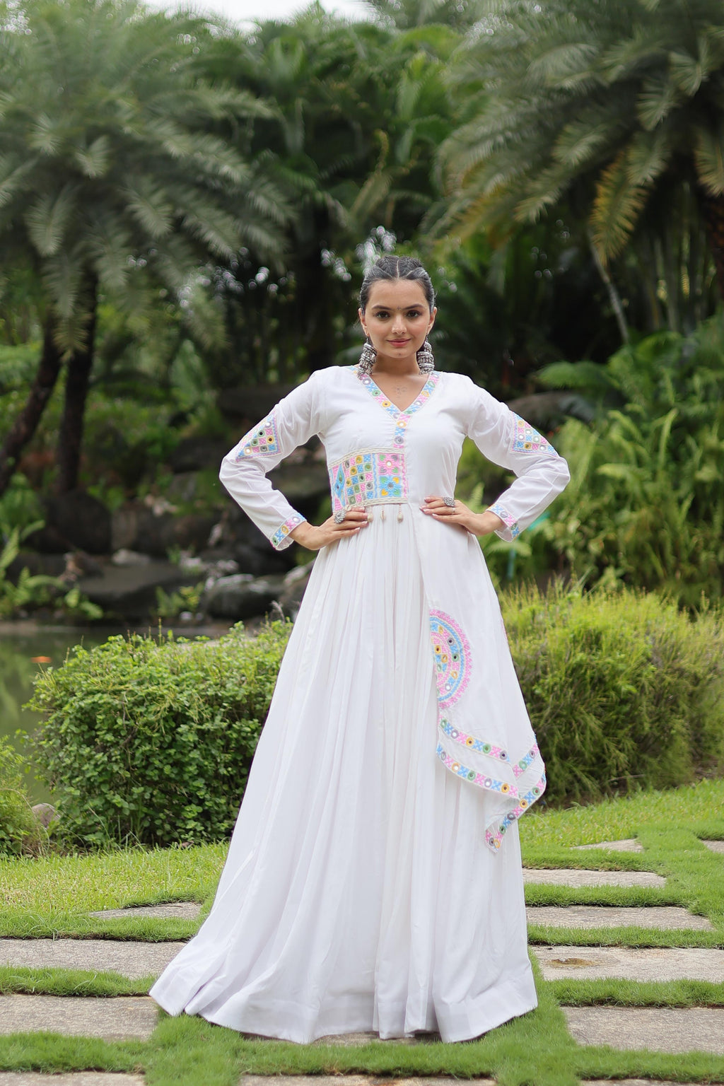 Lorenvalley White Rayon Fabric With Kutchi Gamthi Lace Gown | Grocsy