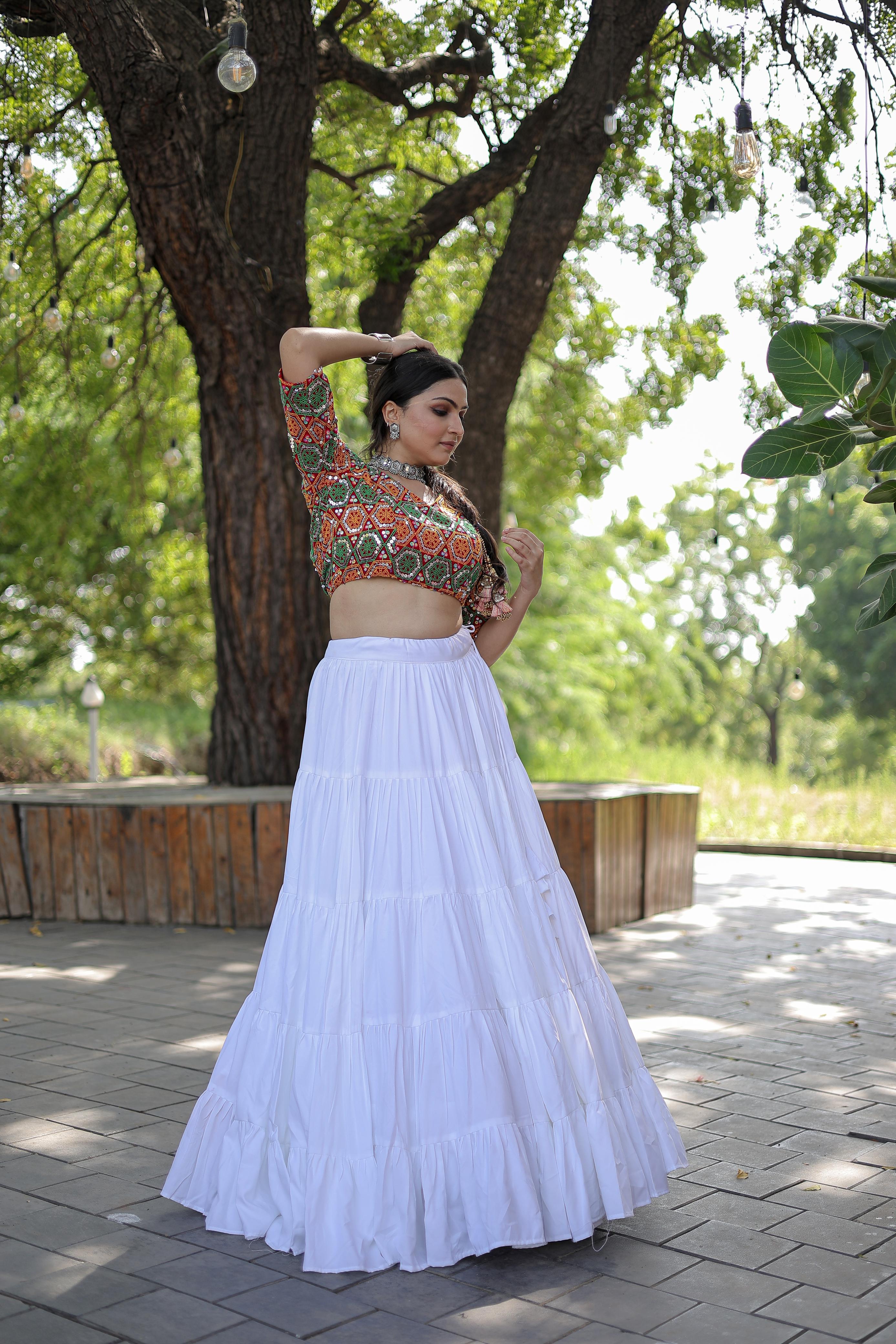 Lorenvalley White Premium Rayon Lehenga with Georgette Embroidered Traditional Thread work Choli | Grocsy
