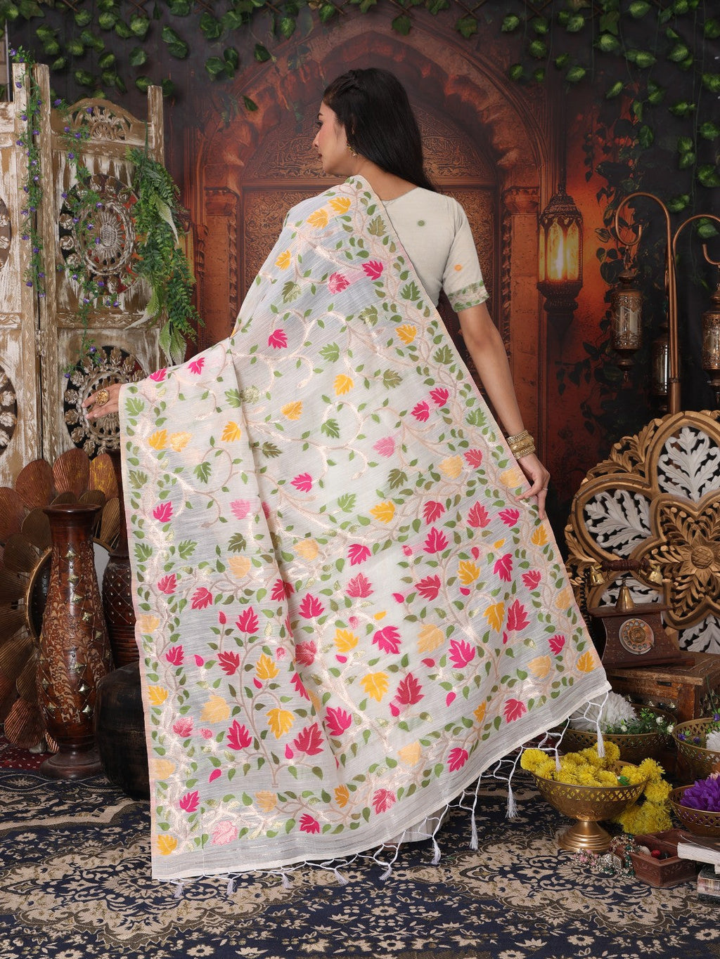 Anaita White Linen Printed Saree With Blouse | Grocsy