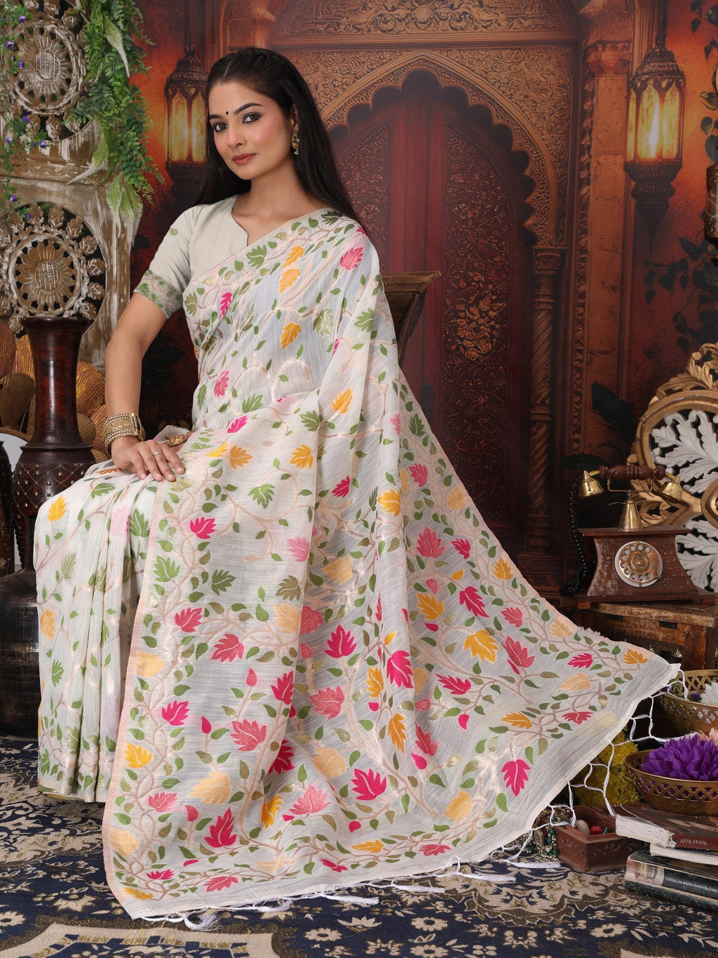 Anaita White Linen Printed Saree With Blouse | Grocsy