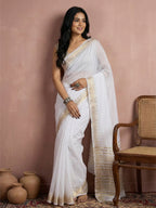 Anaita White Cotton Saree With Blouse | Grocsy