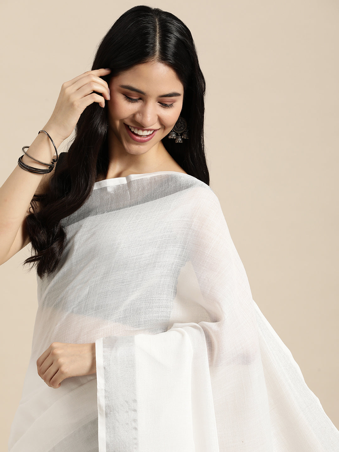 Anaita White Linen Saree With Blouse | Grocsy
