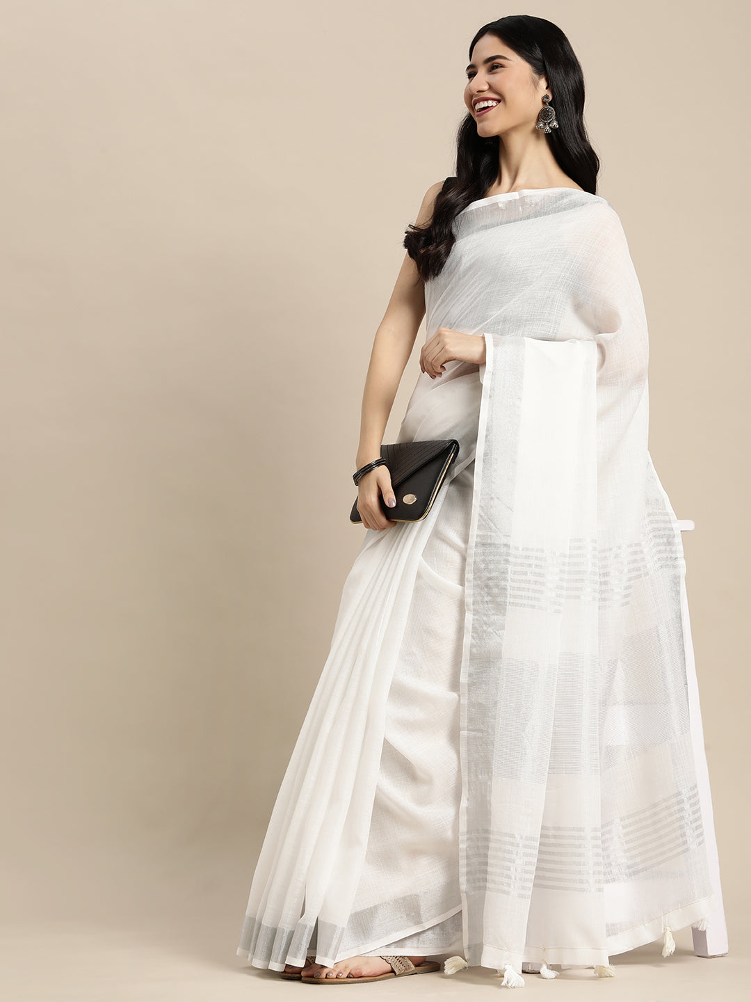 Anaita White Linen Saree With Blouse | Grocsy