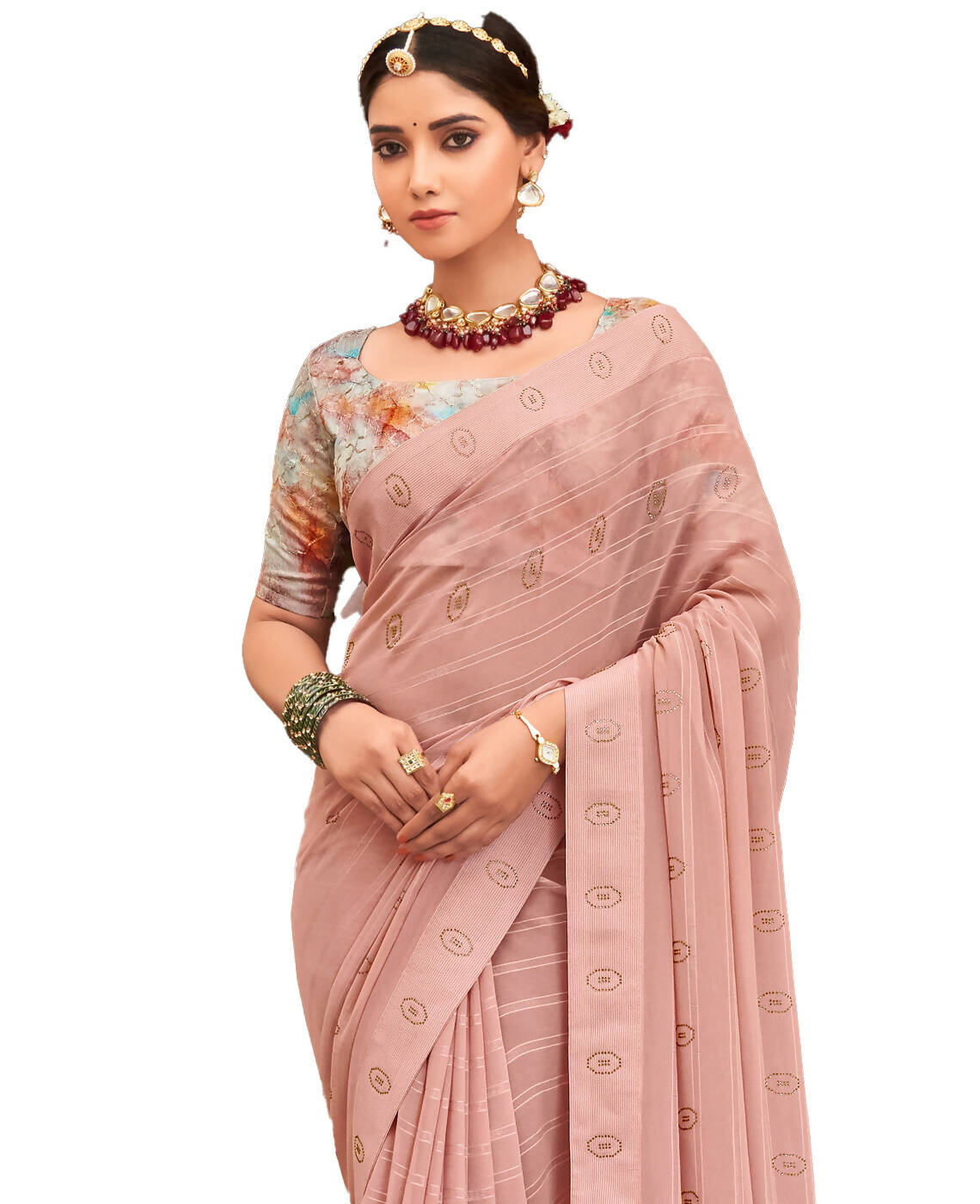 Peach Georgette Swaroski Work Saree With Unstitched Blouse Piece - Juhi | Grocsy