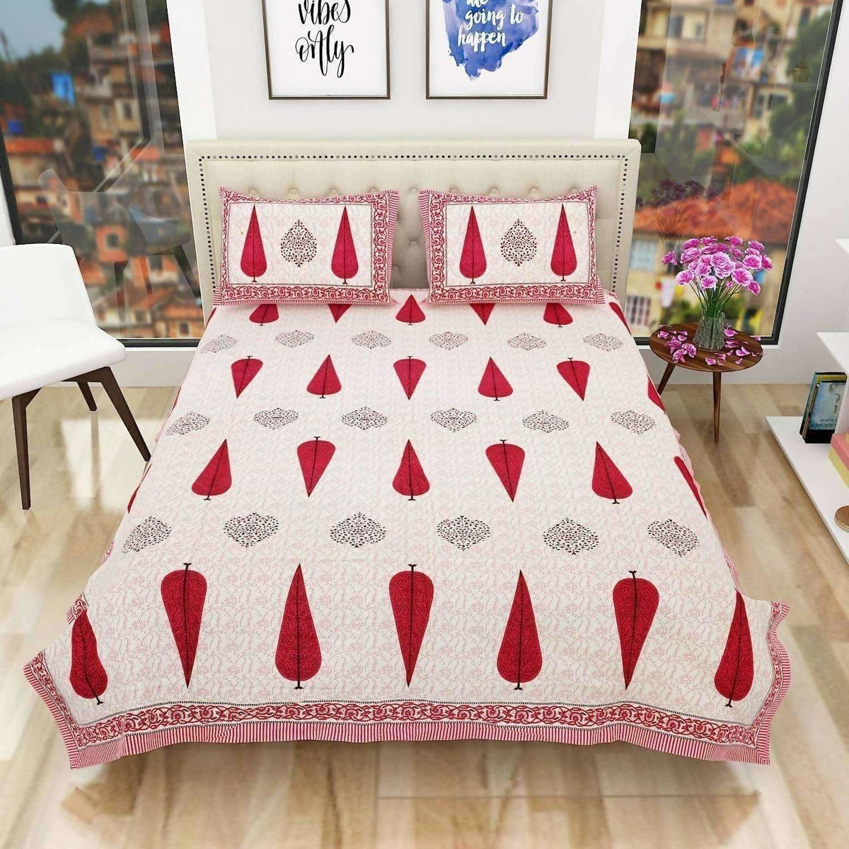 Queen Size 90x108 Inches Jaipuri Sanganeri Print Flat Bed Sheet Bedspread with 2 Pillowcases | Grocsy