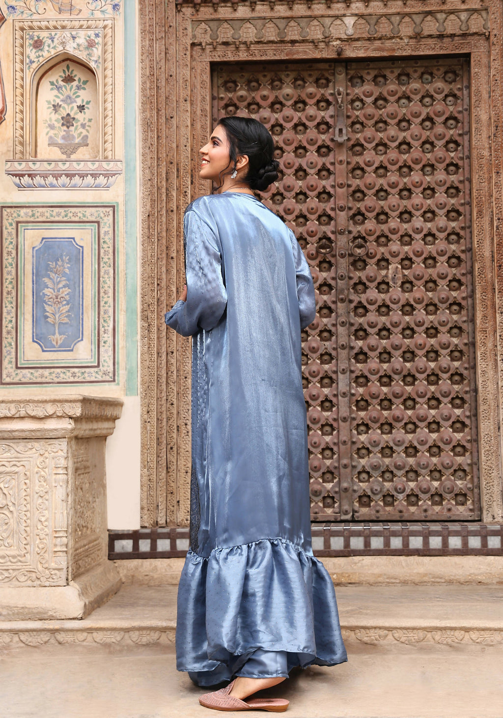 Sky Blue Tom Silk Plain Ready To Wear Saree With Stitched Blouse - Satiksha | Grocsy