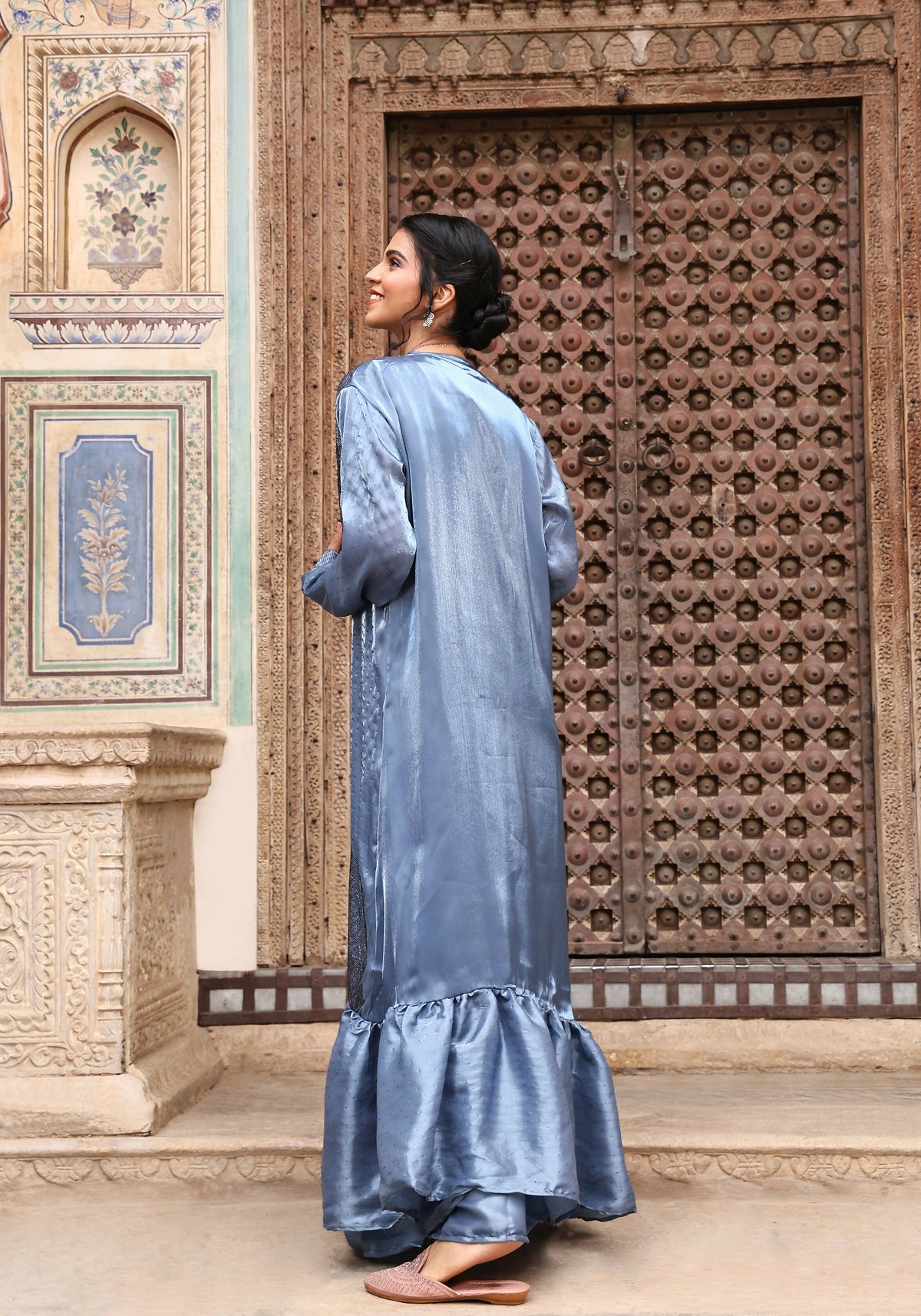 Sky Blue Tom Silk Plain Ready To Wear Saree With Stitched Blouse - Satiksha | Grocsy