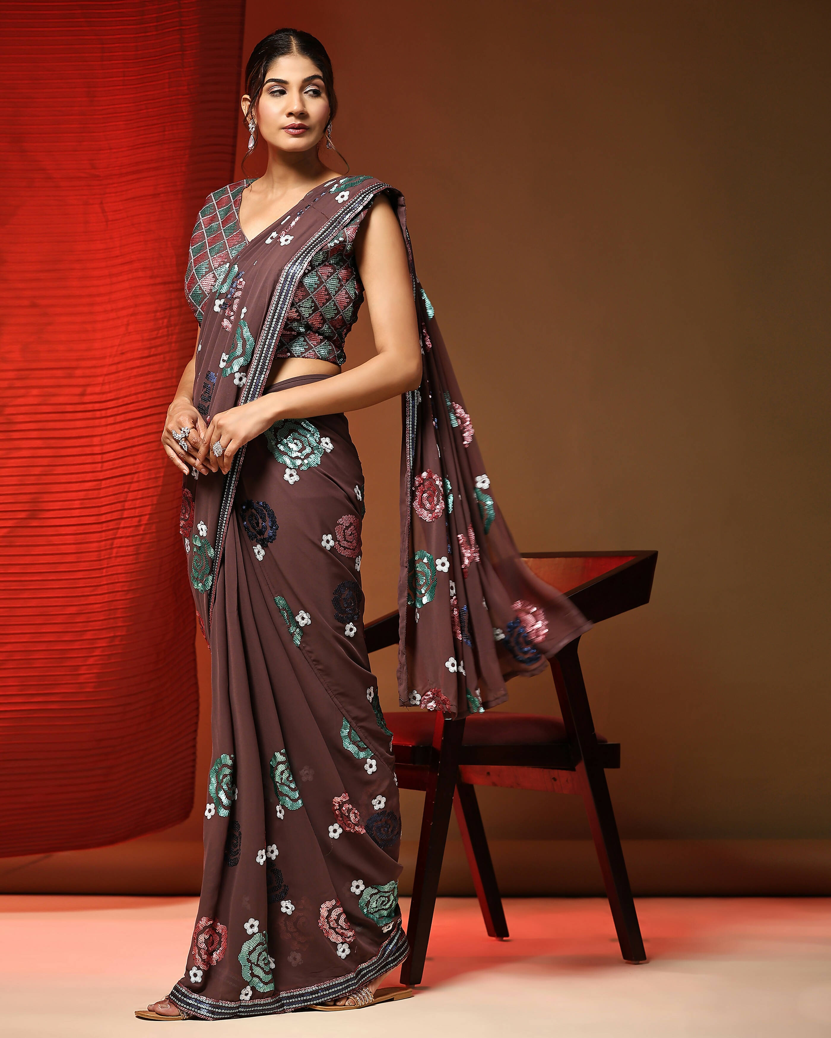 Brown Pure Georgette Sequence work Ready to wear Saree with stitched Blouse - Nirvana | Grocsy