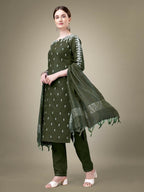 Jyoti Fashion Women's Dark Green Cotton Blend Embroidery & Sequence work Kurta with Trouser & Dupatta | Grocsy