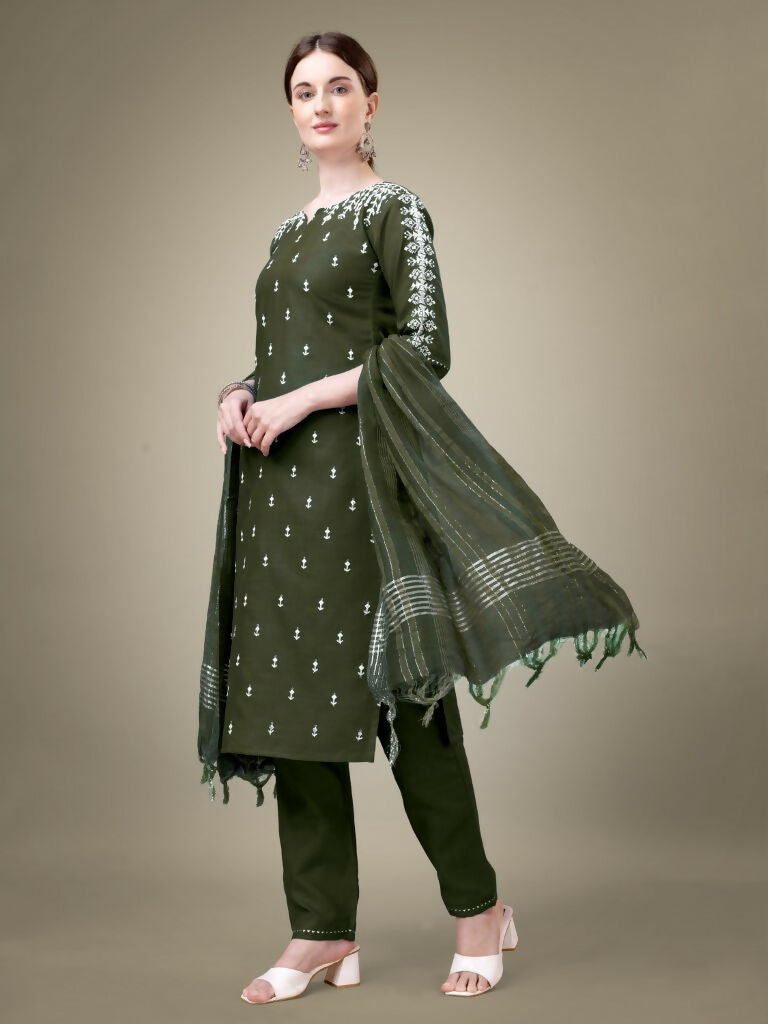Jyoti Fashion Women's Dark Green Cotton Blend Embroidery & Sequence work Kurta with Trouser & Dupatta | Grocsy