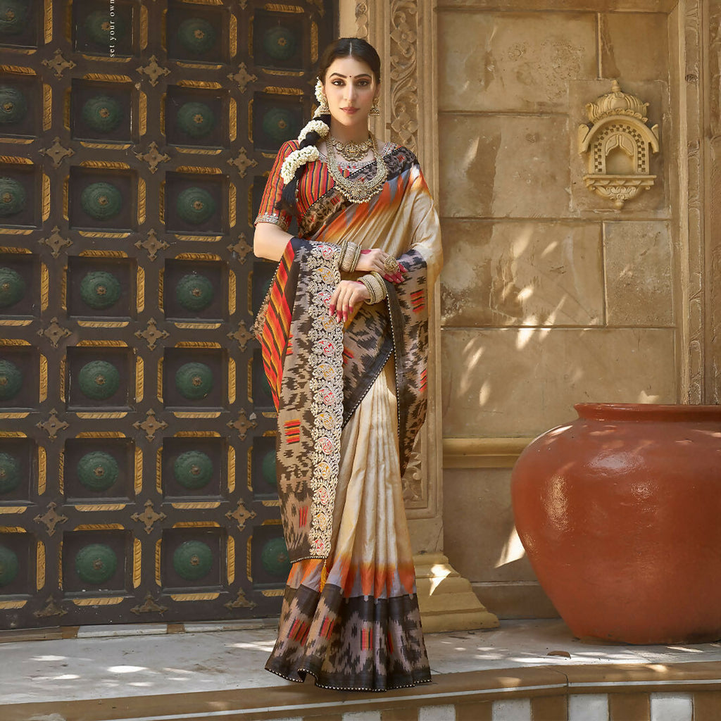 Beige Bhagalpuri Silk Pure Gota Work Saree With Unstitched Blouse - Norita Gajri | Grocsy