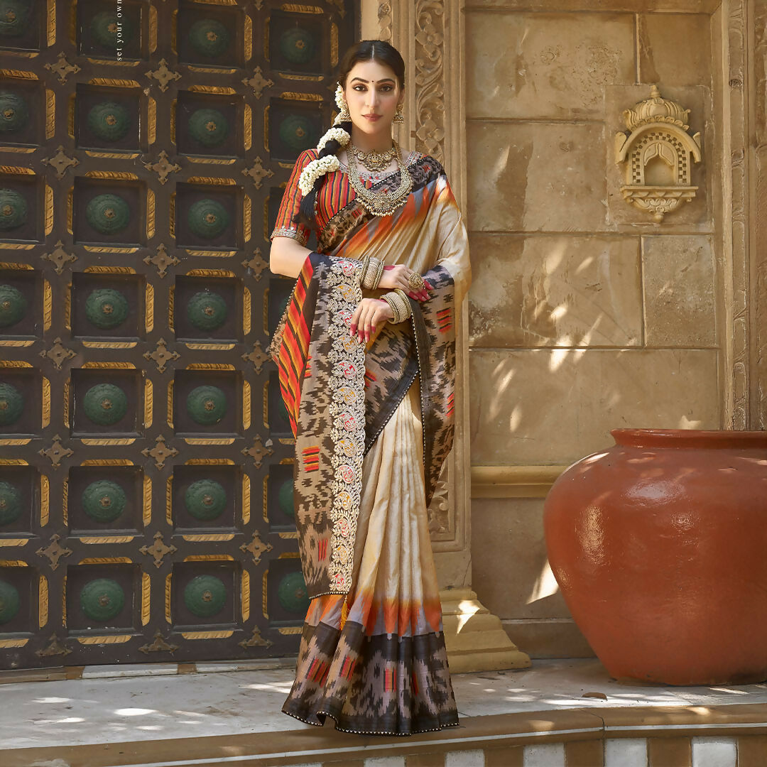 Beige Bhagalpuri Silk Pure Gota Work Saree With Unstitched Blouse - Norita Gajri | Grocsy