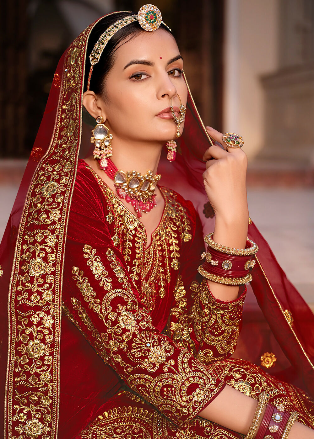 Maroon Velvet Front & Back Embroidery Wedding Anarkali Suit - Emponline | Grocsy