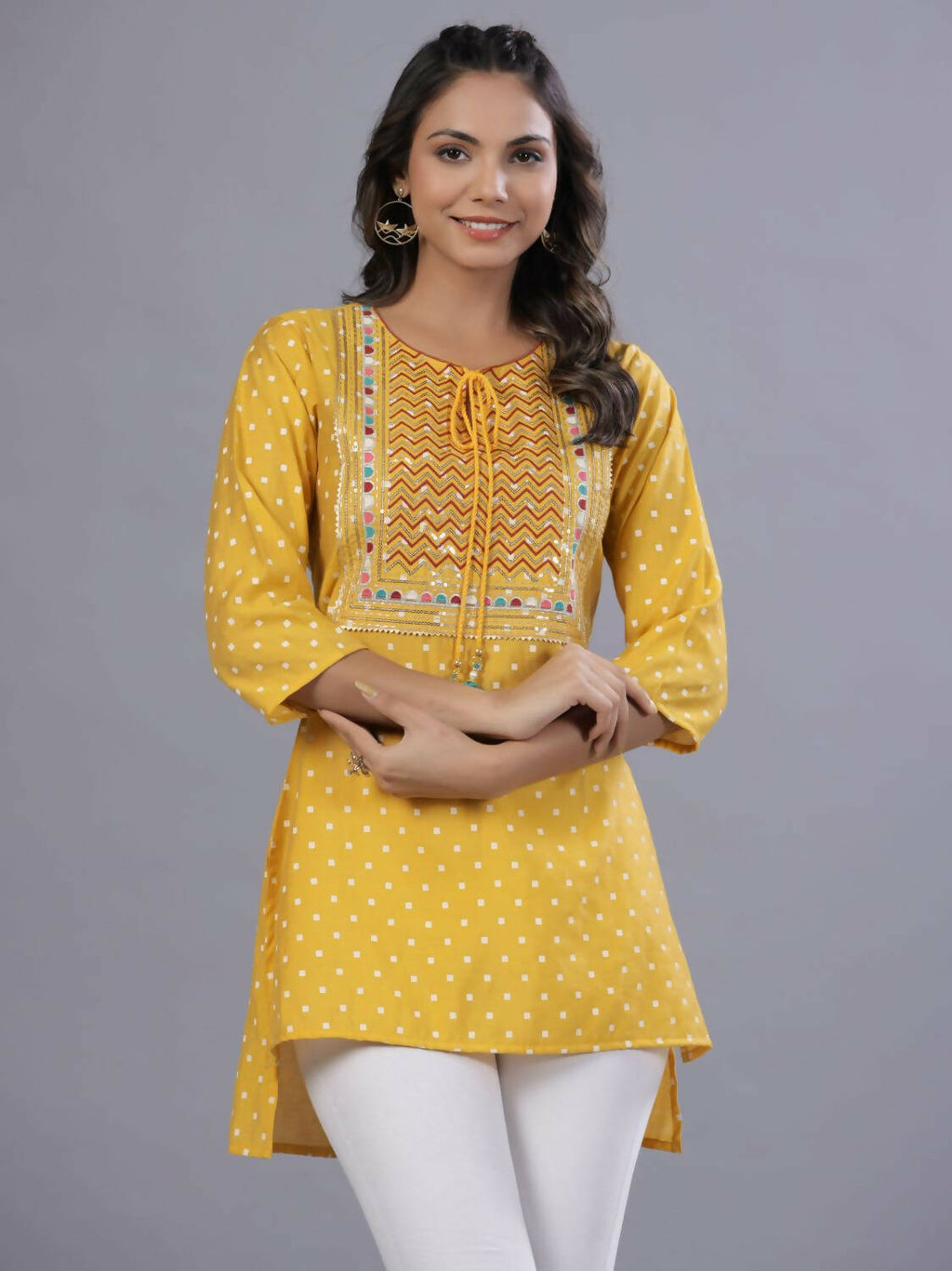 Juniper Women Yellow Muslin Printed High-Low Straight Tunic With Embroidered Yoke | Grocsy