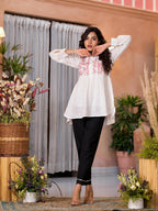 Juniper Women's White Thread Embroidered Cotton Tunic With Button Closure | Grocsy