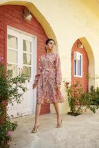 Vaasva Women Pink Muslin Floral Printed Knee Length Dress | Grocsy