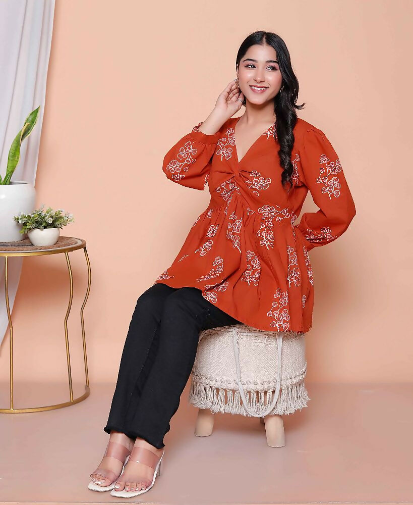Miravan Womens Rust Floral Printed Balloon Sleeves V Neck Butterfly Top | Grocsy