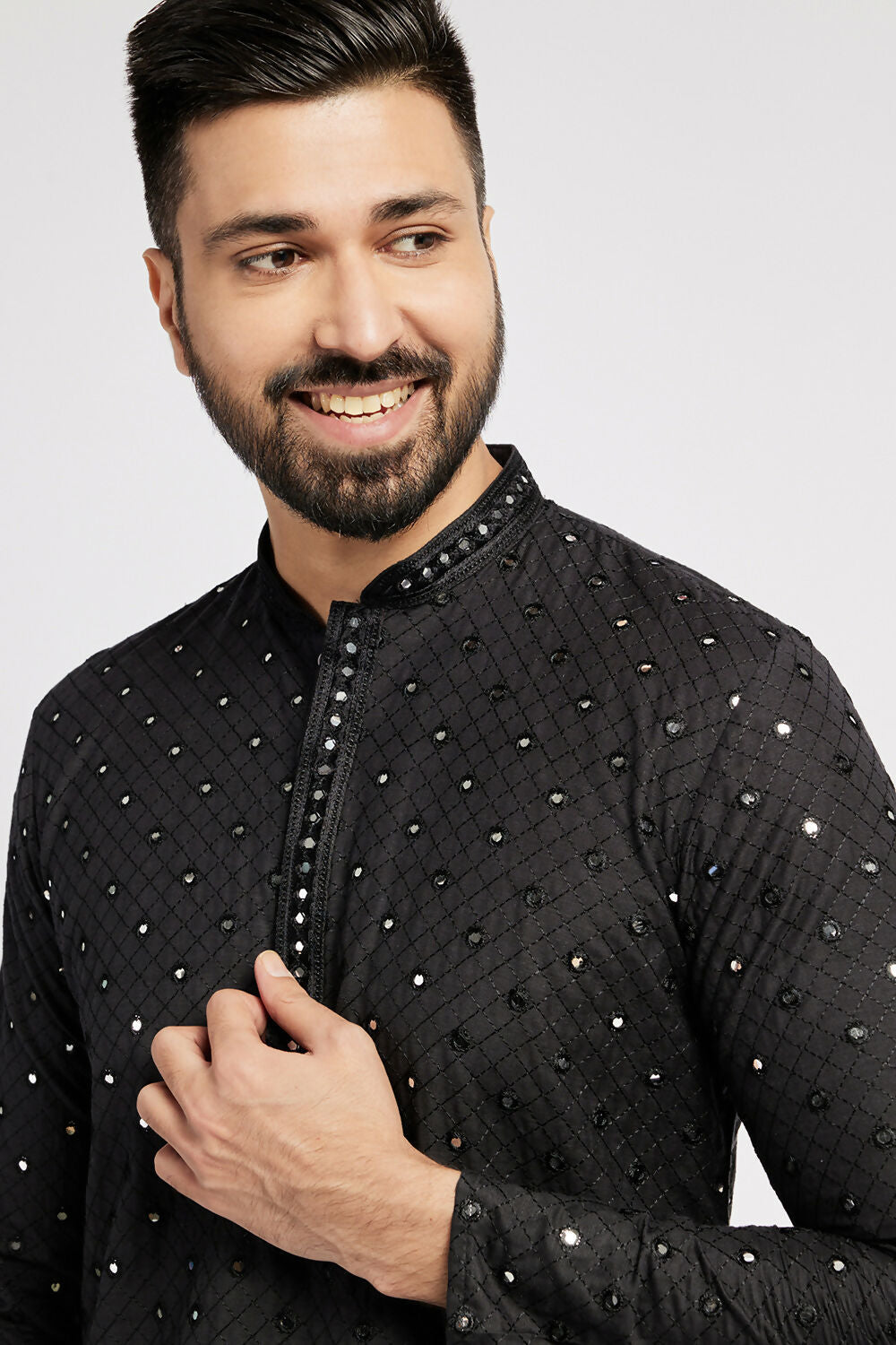 Ethnic India Black Men's Kurta Embellished Cotton | Grocsy