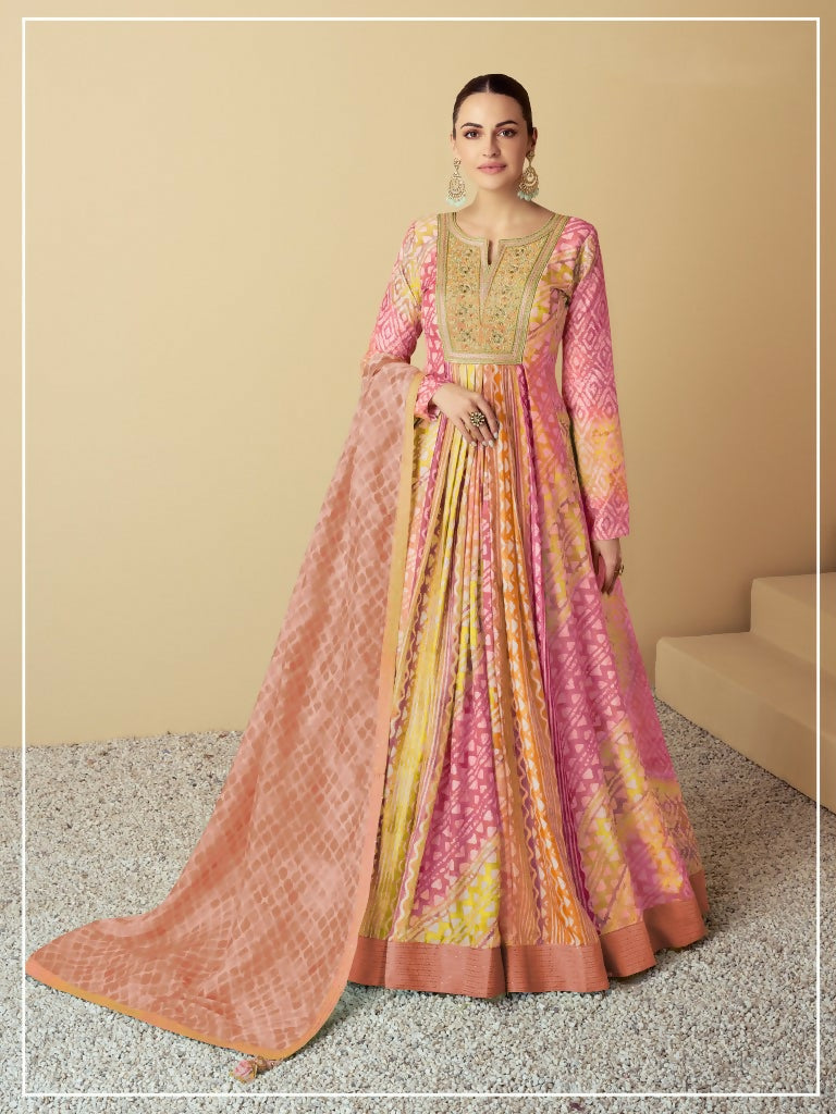 Vastranavya Pink Muslin Printed Sequins Beads Work Abaya Style Anarkali Suit | Grocsy