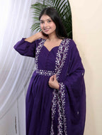 Miravan Women's Cotton Purple A-Line Kurta With Embroidered Neck And Palazzo With Embroidered Dupatta Set | Grocsy