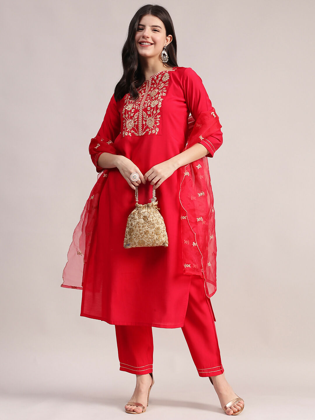 Aavyora Women's Red Embroidered Roman Silk Kurta, Palazzo & Organza Dupatta Set | Grocsy