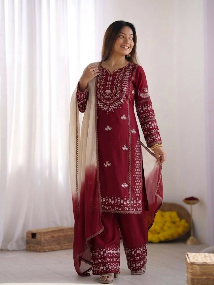 Teeya Creation Womens Trendy Stylish Embroidery Thread Work Maroon Kurta Set | Grocsy