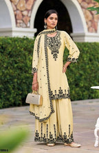 Anaita Beige Chinon Readymade Palazzo Suit with Heavy Embroidery Work | Grocsy