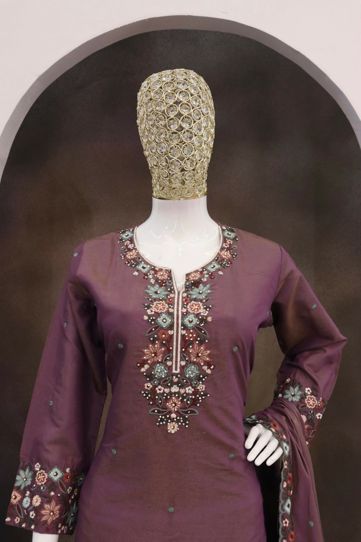 Anaita Wine Simar with Embroidery Multi & Zarkhan Work Readymade Palazzo suit | Grocsy