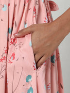 Manet Three Fourth Maternity Dress Floral Print With Concealed Zipper Nursing Access - Peach | Grocsy