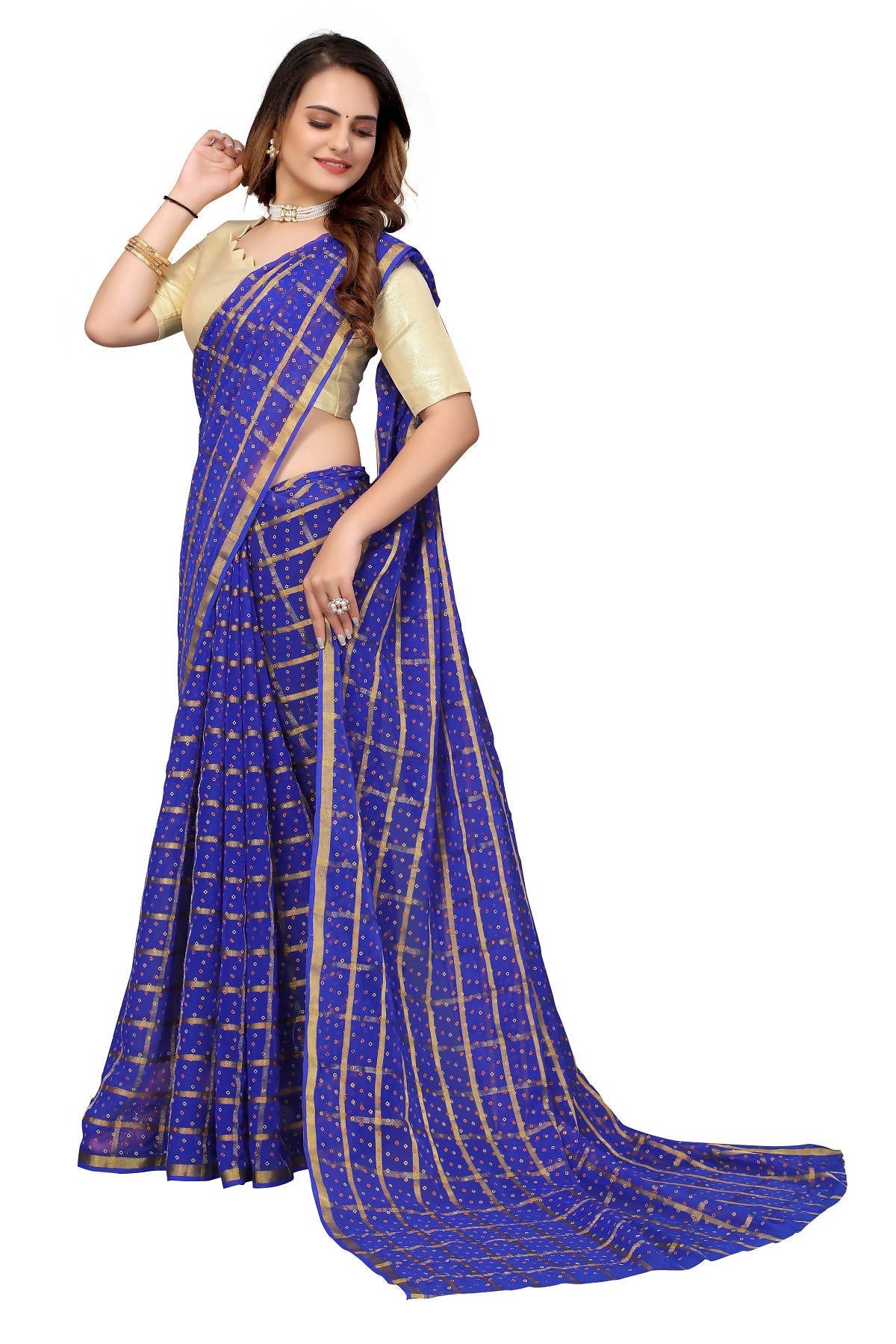 Vamika Ethnic Fire Blue Jari Work Chiffon Saree | Grocsy