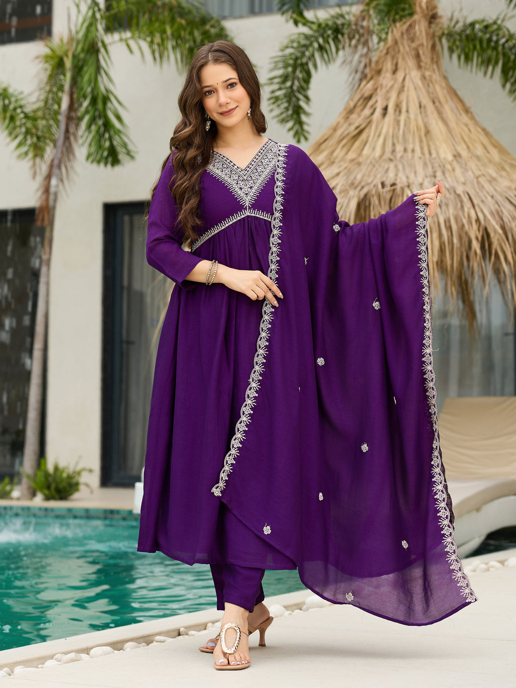 The52 Beautiful Embroidered Vichitra Silk Fabric Pleated Kurta, Pant and Dupatta Set | Grocsy