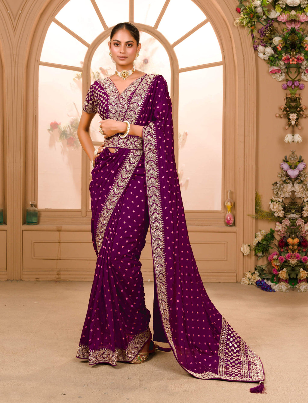 Teeya Creation Wine Color Chinnon Silk Heavy Embroidery Work Saree | Grocsy