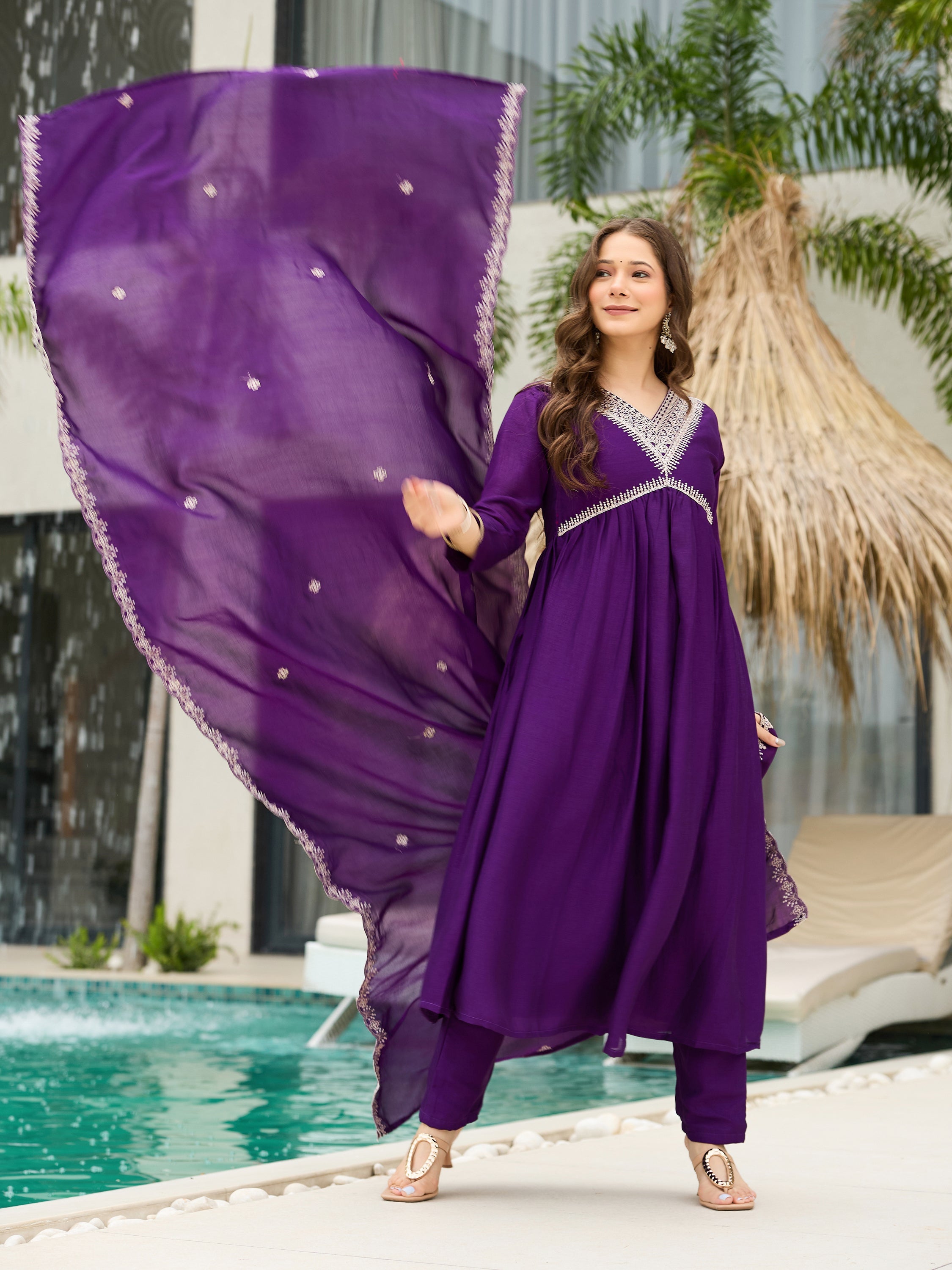 The52 Beautiful Embroidered Vichitra Silk Fabric Pleated Kurta, Pant and Dupatta Set | Grocsy