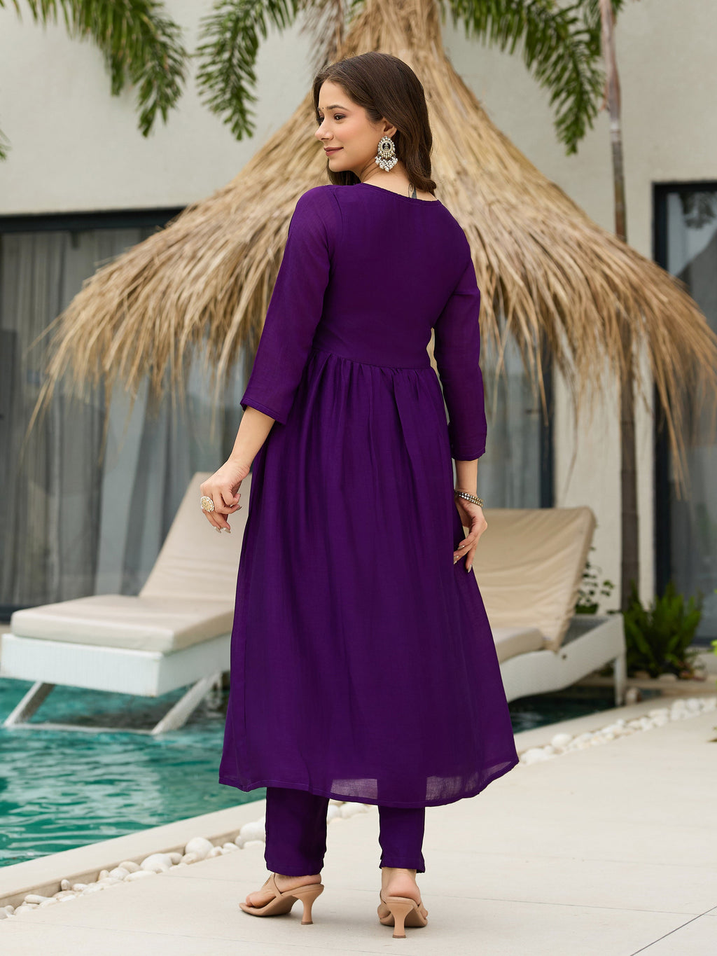 The52 Beautiful Embroidered Vichitra Silk Fabric Pleated Kurta, Pant and Dupatta Set | Grocsy