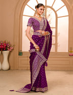 Teeya Creation Wine Color Chinnon Silk Heavy Embroidery Work Saree | Grocsy