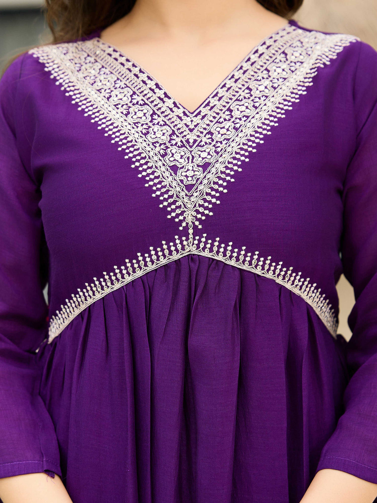 The52 Beautiful Embroidered Vichitra Silk Fabric Pleated Kurta, Pant and Dupatta Set | Grocsy