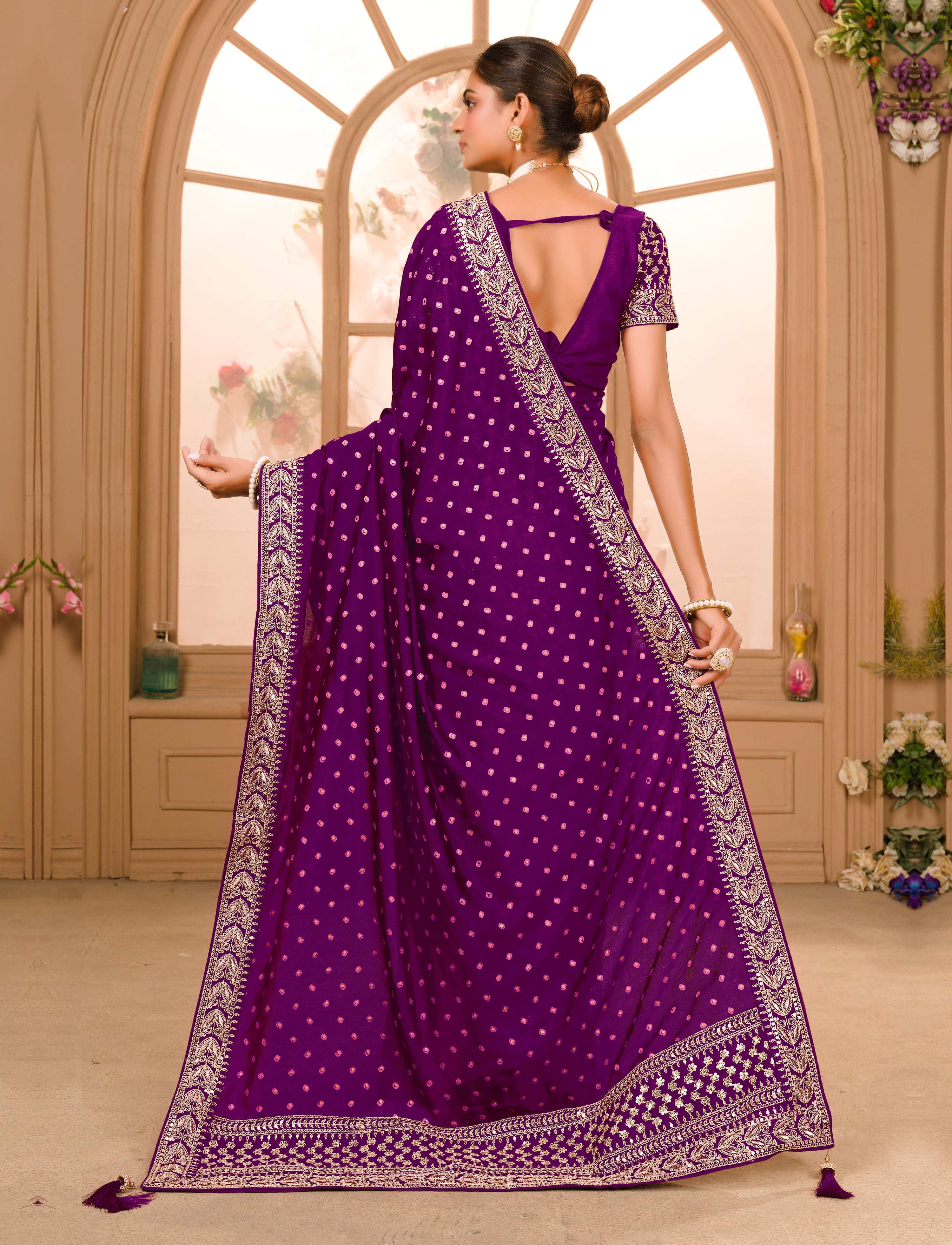 Teeya Creation Wine Color Chinnon Silk Heavy Embroidery Work Saree | Grocsy