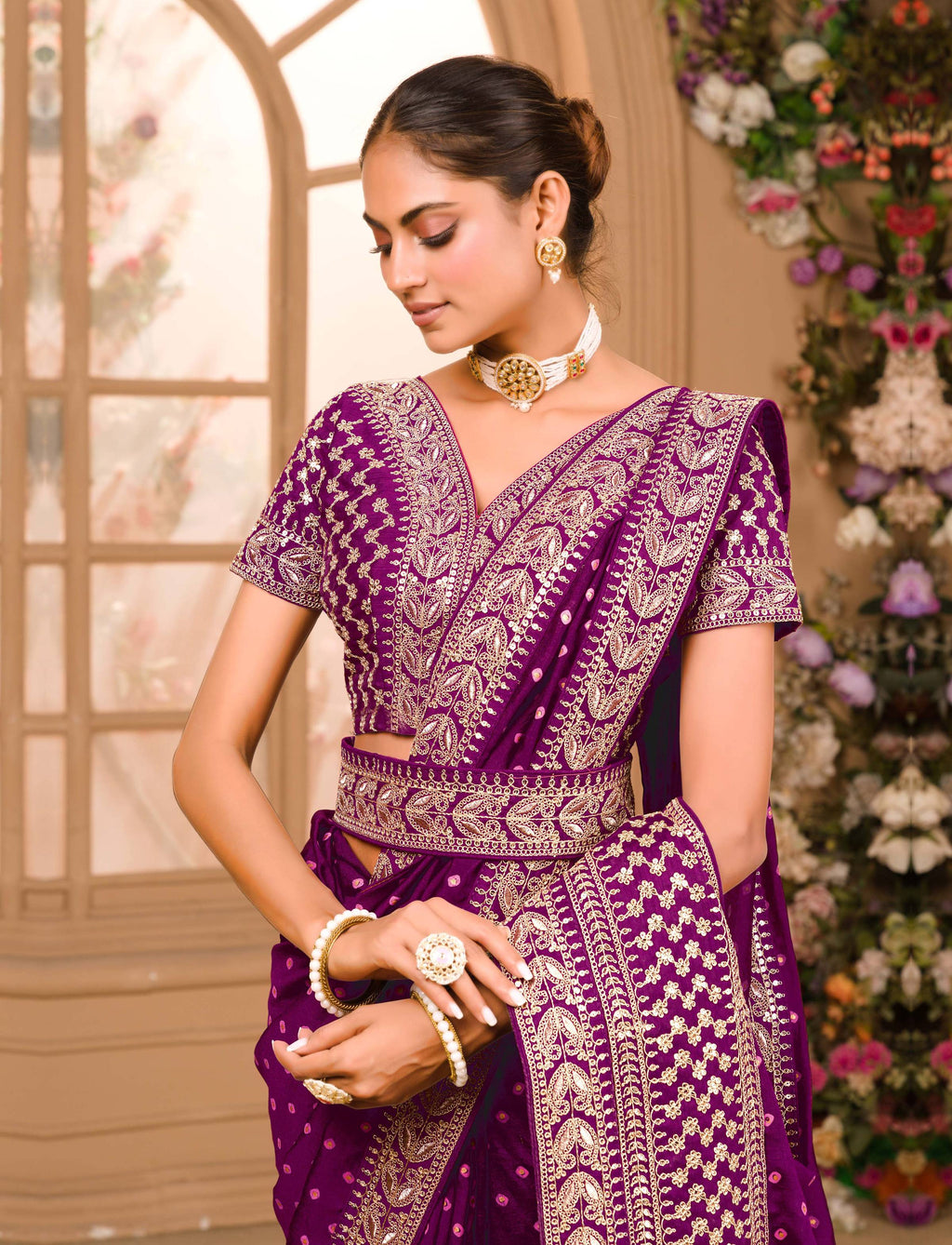 Teeya Creation Wine Color Chinnon Silk Heavy Embroidery Work Saree | Grocsy
