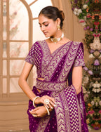 Teeya Creation Wine Color Chinnon Silk Heavy Embroidery Work Saree | Grocsy