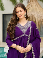 The52 Beautiful Embroidered Vichitra Silk Fabric Pleated Kurta, Pant and Dupatta Set | Grocsy