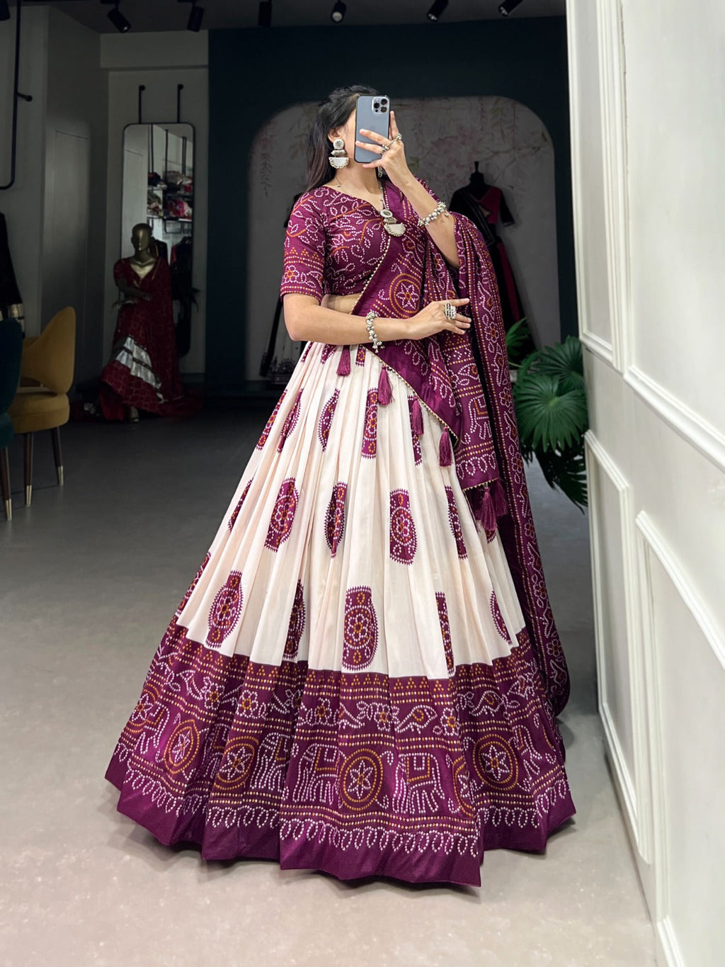 Lorenvalley Wine Tussar Silk with Bandhej Print Lehenga Choli | Grocsy